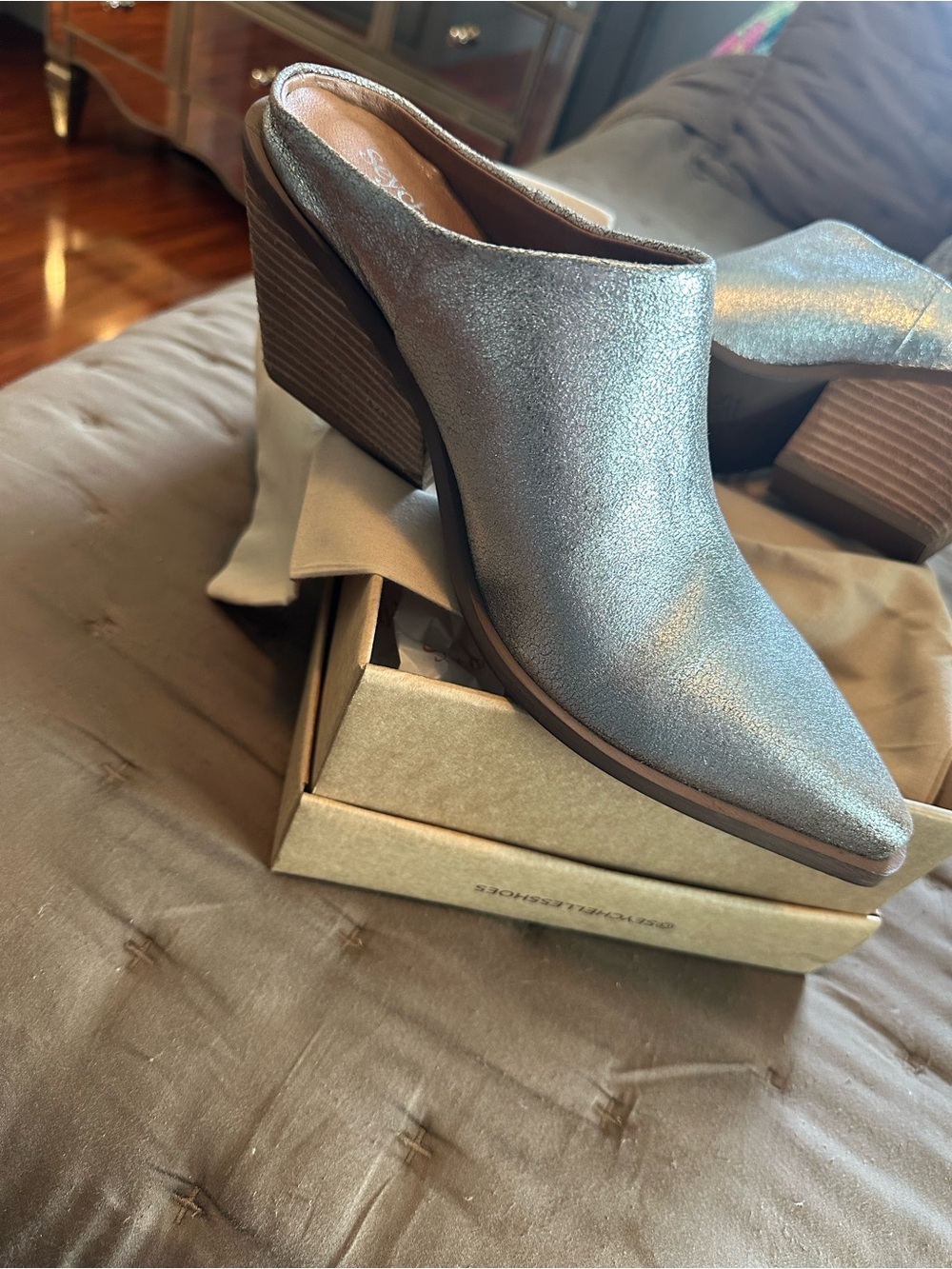 Seychelles Silver Pointed-Toe Slip-On Mule with Stacked Heel